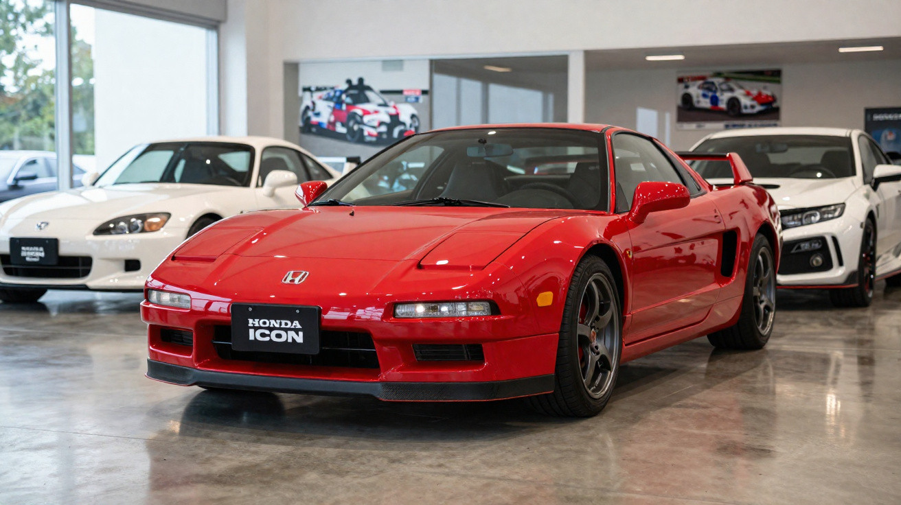 Carro esportivo Honda NSX vermelho em exposição interna com outros veículos ao fundo.