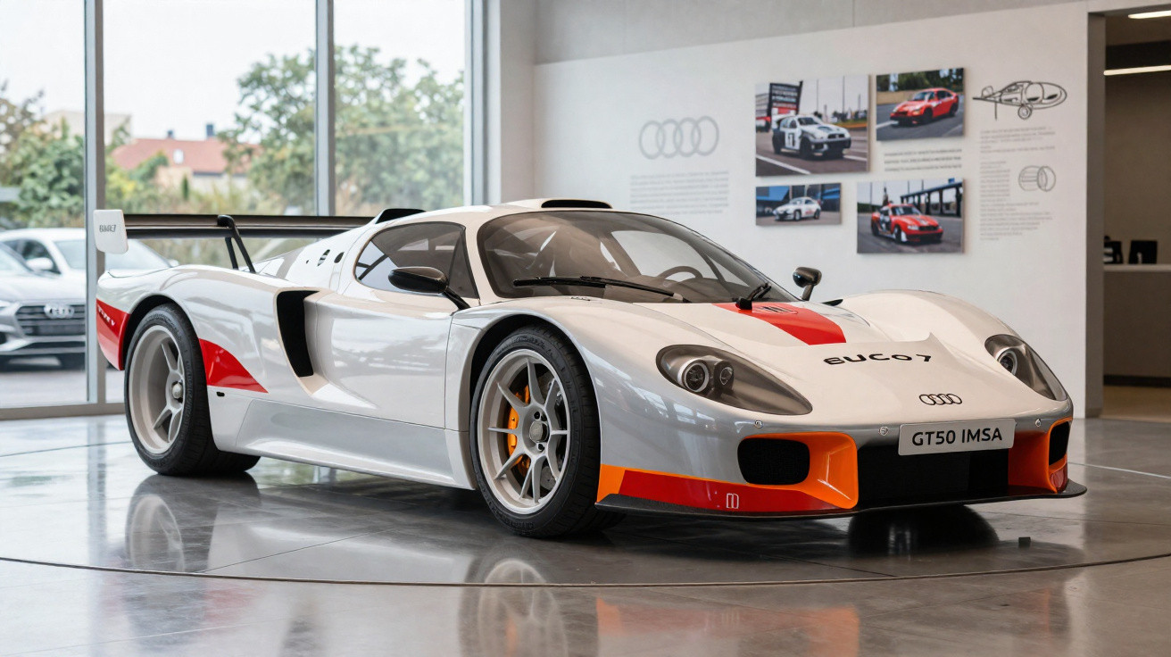 Carro de corrida branco e vermelho Audi GT50 IMSA em exposição em museu automotivo.