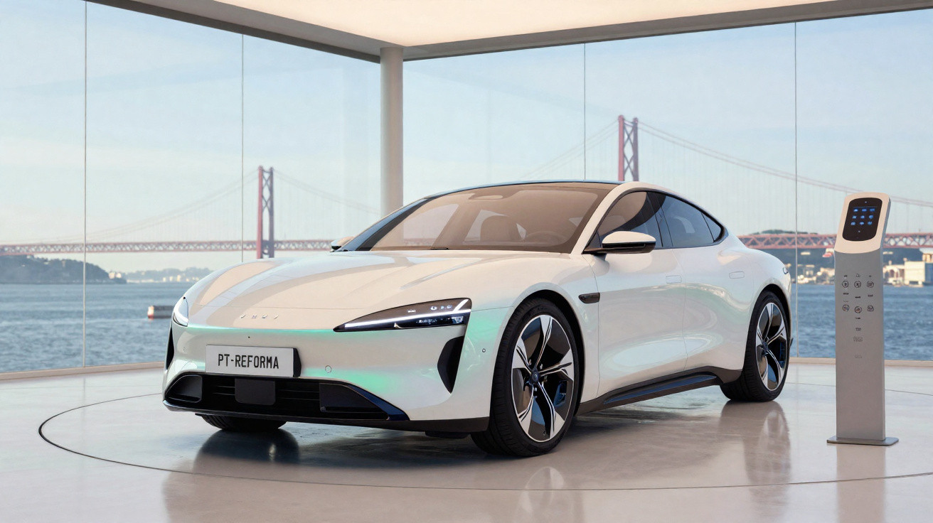Carro elétrico branco estacionado em ambiente moderno com vista para ponte e estação de recarga ao lado.