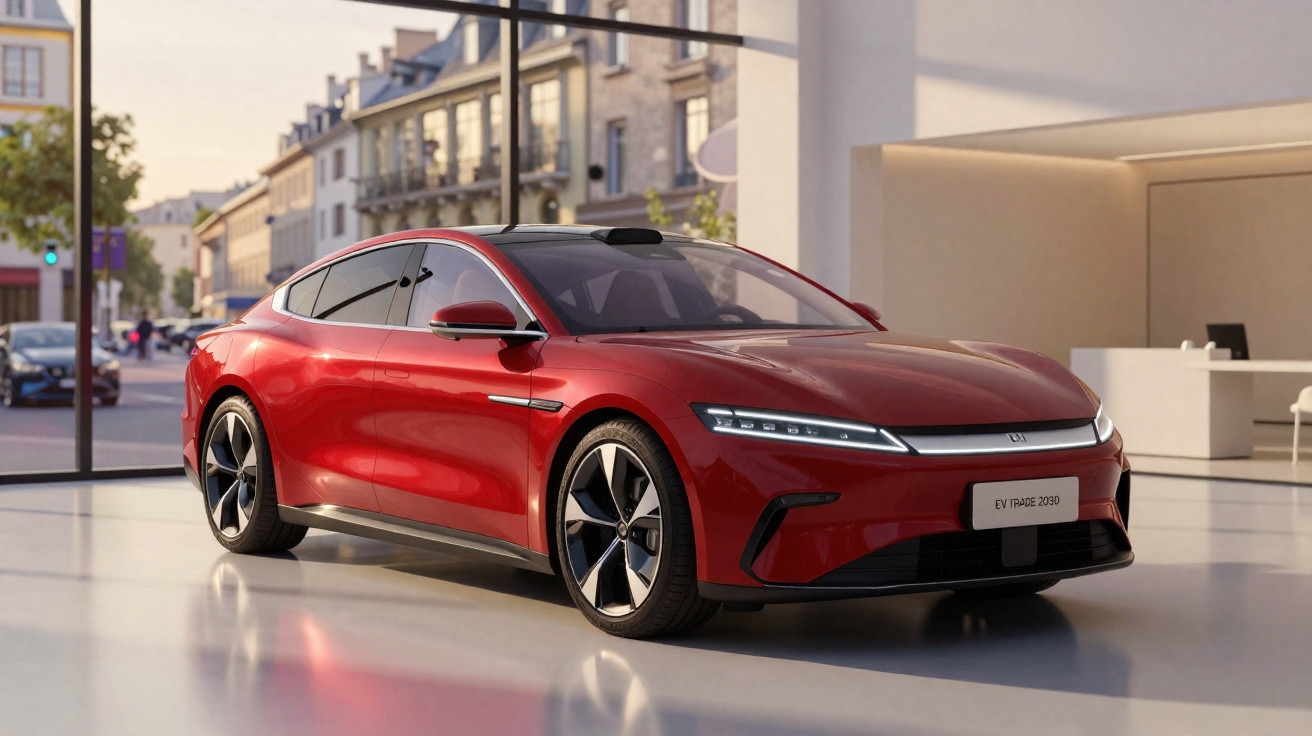 Carro elétrico vermelho modelo sedan exposto em showroom moderno com fachada de vidro e vista urbana ao fundo.