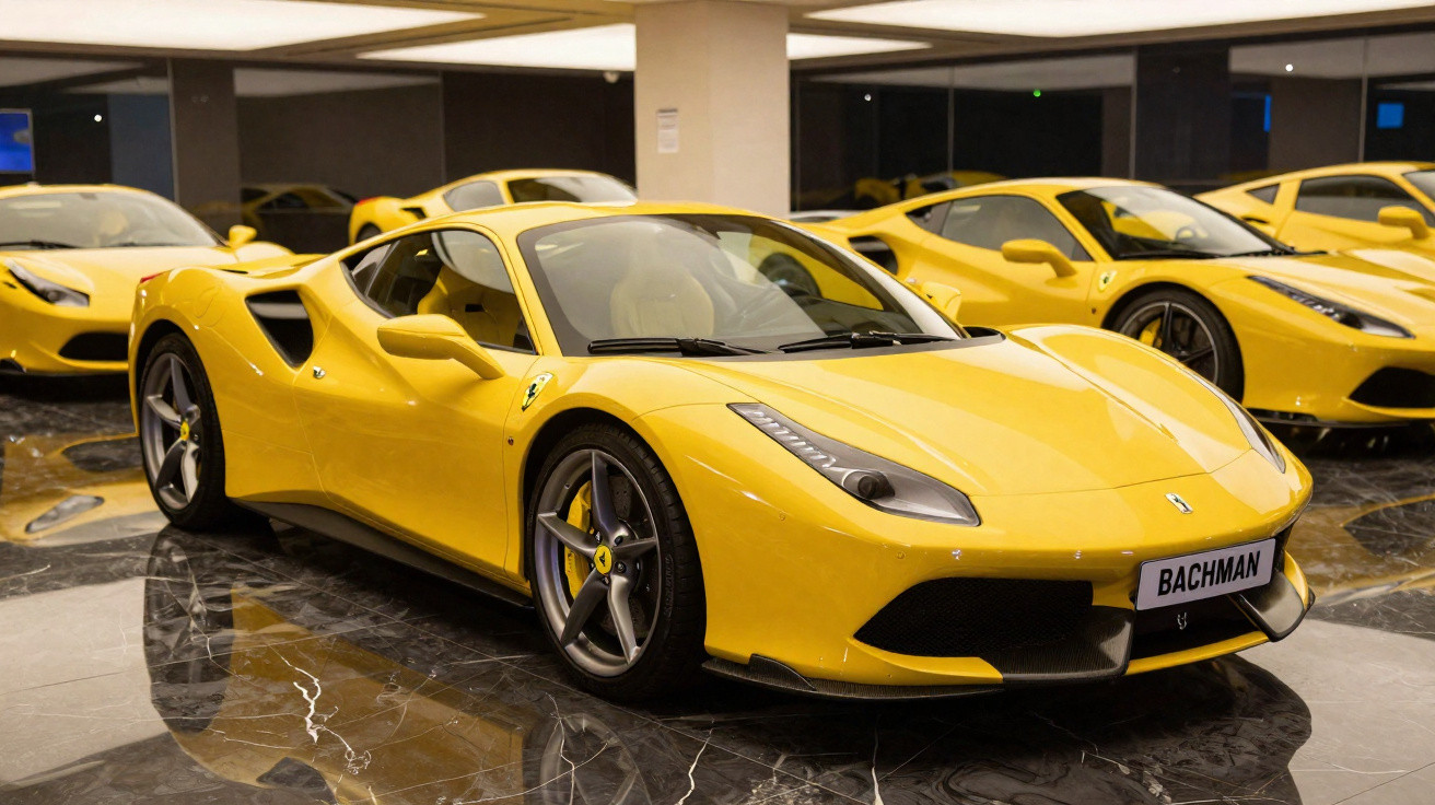 Carros esportivos Ferrari amarelos estacionados em showroom com piso de mármore preto.