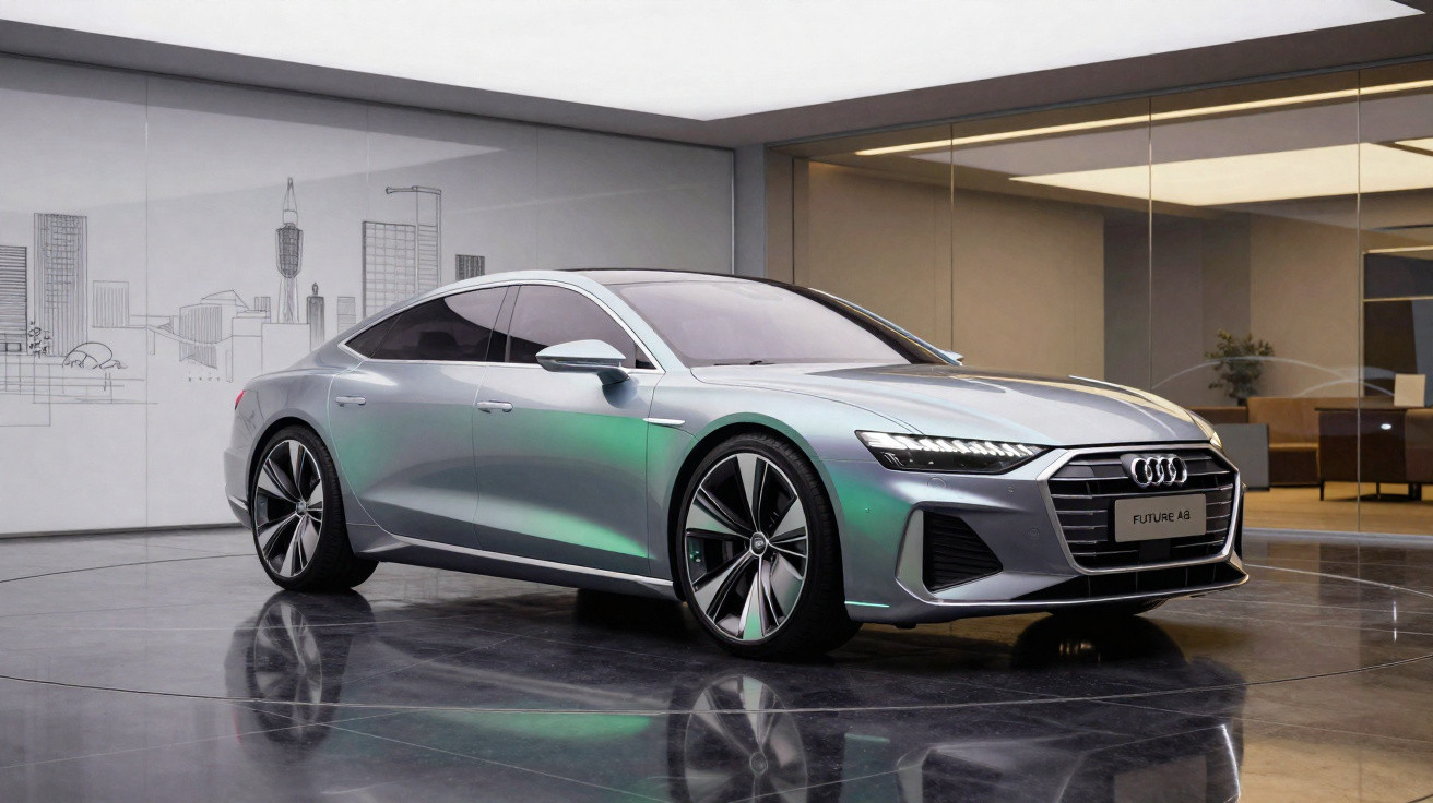 Audi A6 futurista prata em showroom moderno com piso refletivo e vidro ao fundo.