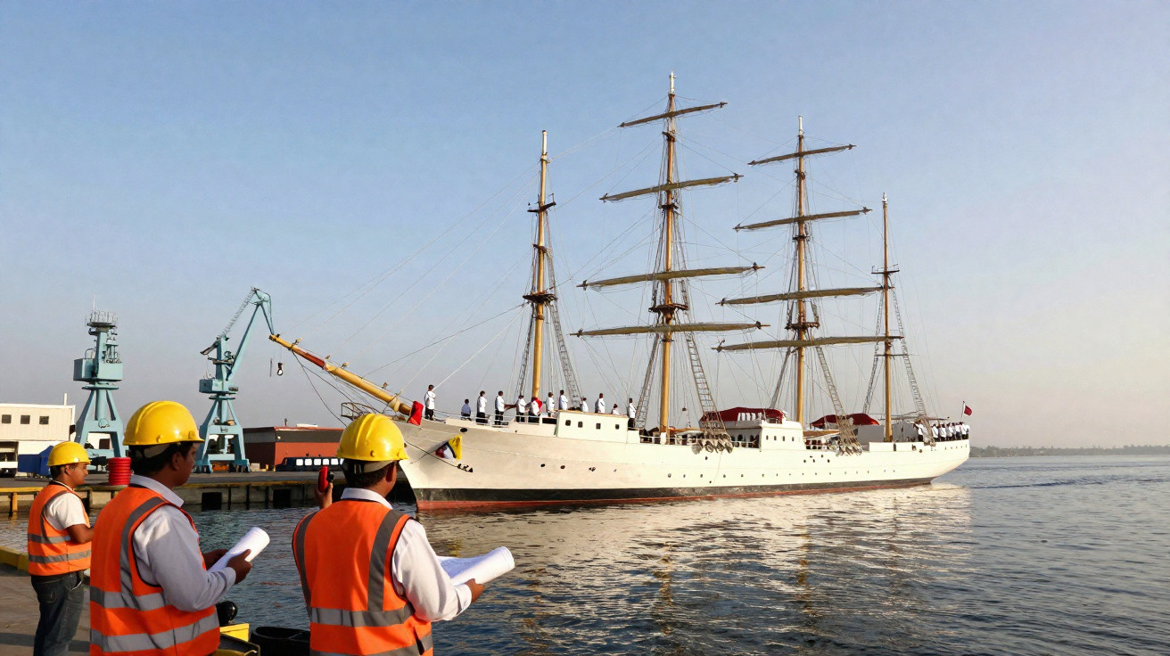 Navio veleiro branco atracado com tripulação e trabalhadores usando coletes e capacetes no cais.