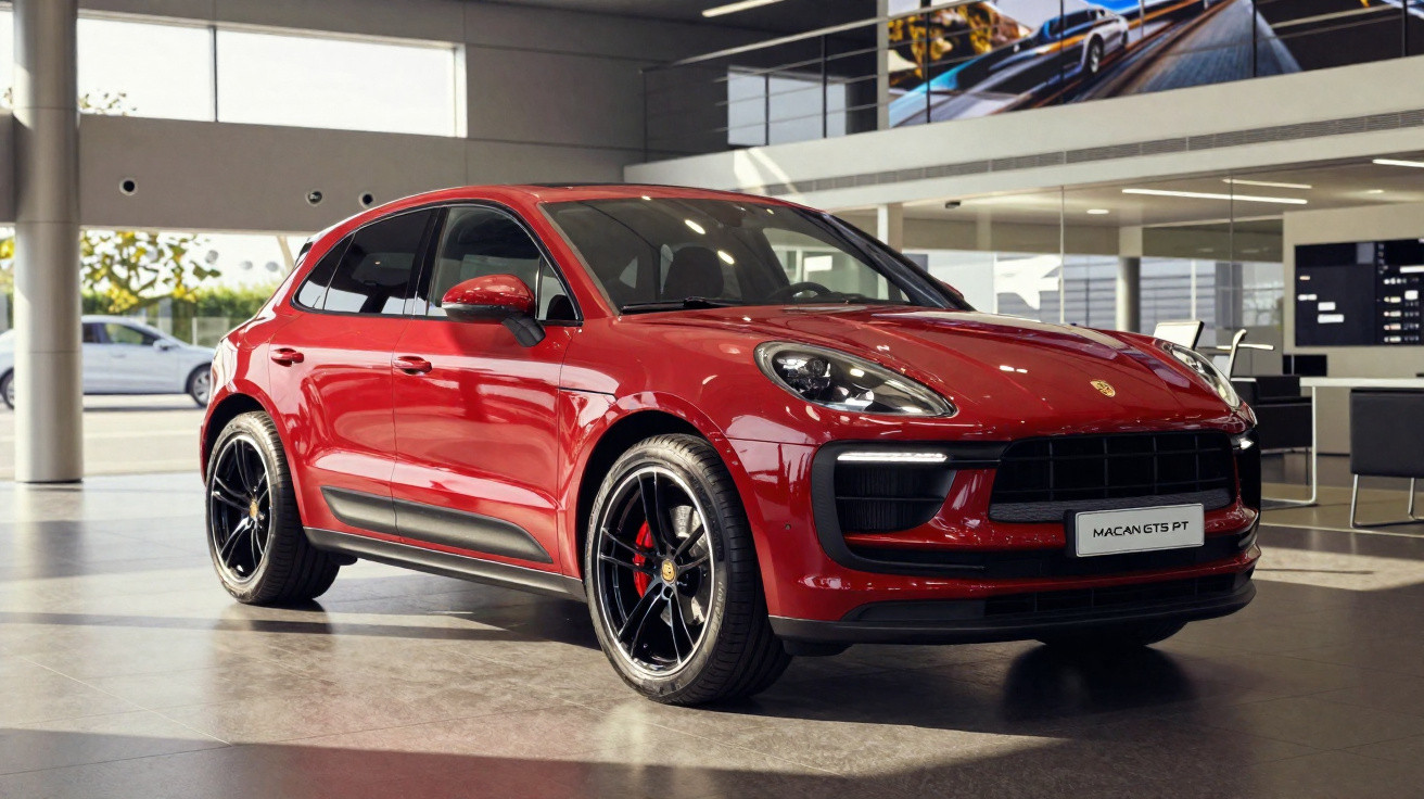 Carro esportivo SUV Porsche Macan GTS PT vermelho exibido em showroom moderno com piso cinza.