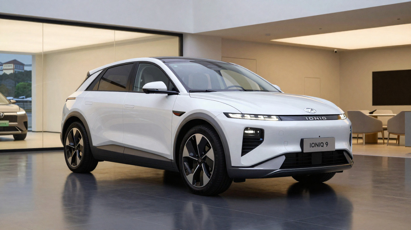Carro elétrico branco Hyundai Ioniq 9 estacionado em ambiente interno moderno.