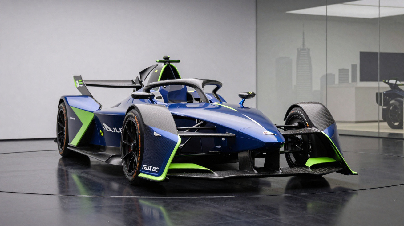 Carro de corrida elétrico azul e verde com design aerodinâmico em ambiente interno moderno.