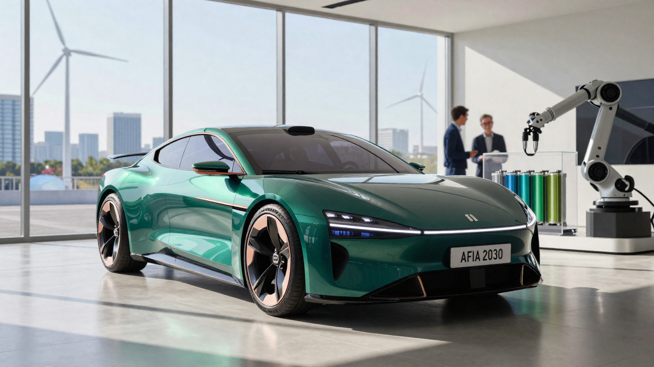 Carro elétrico verde moderno em showroom com robô, duas pessoas ao fundo e turbinas eólicas visíveis pela janela.