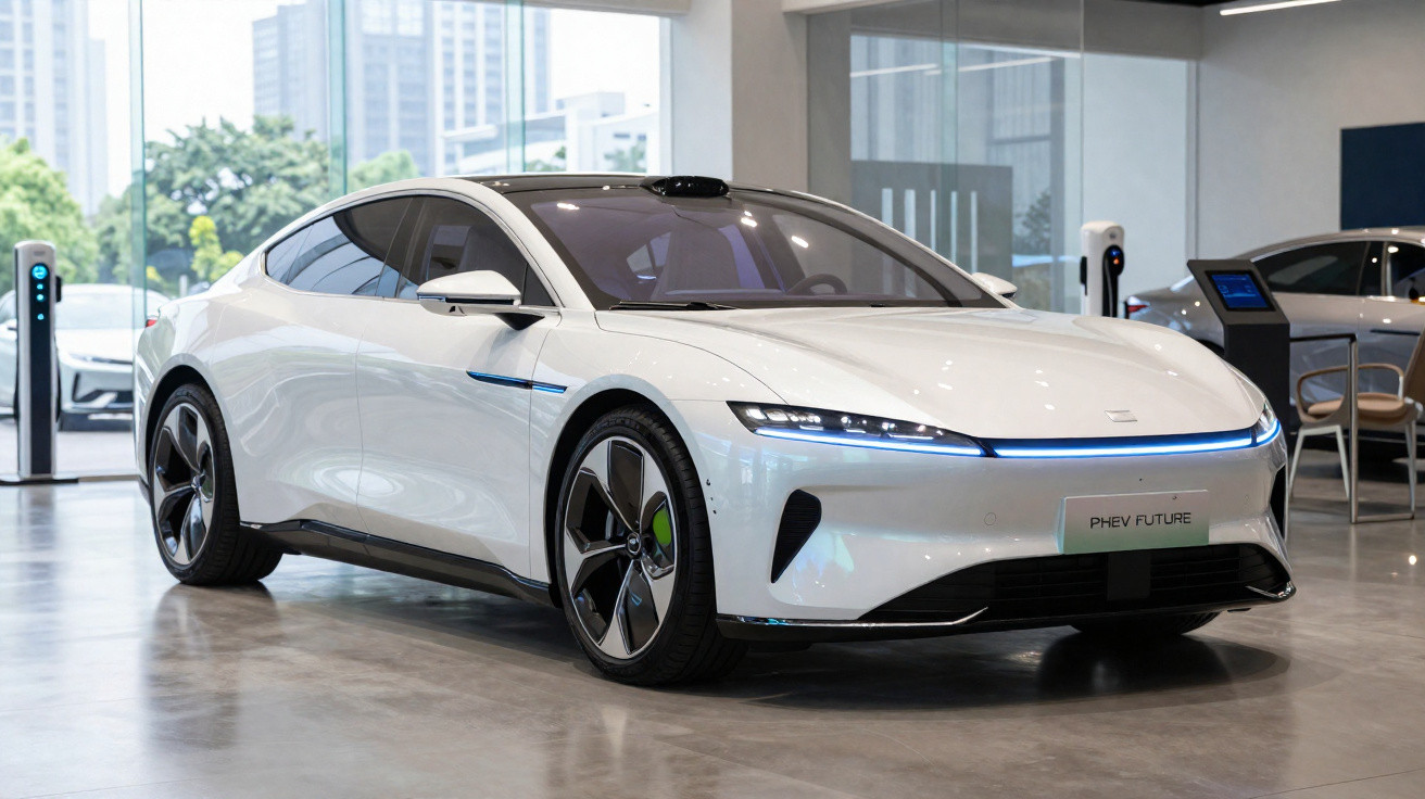 Carro elétrico branco moderno exibido em showroom com pisos de concreto e iluminação natural.