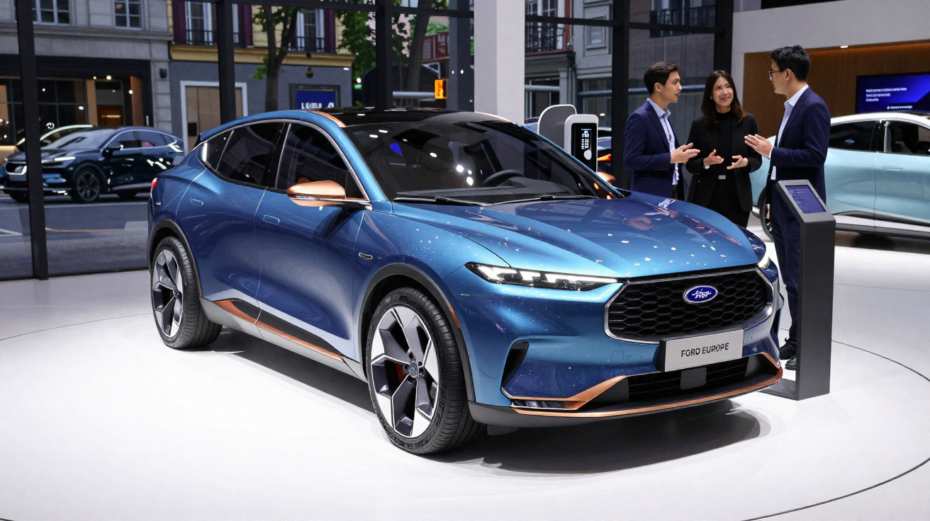 Carro elétrico azul Ford Evouprue exposto em salão de automóveis com três pessoas conversando ao lado.