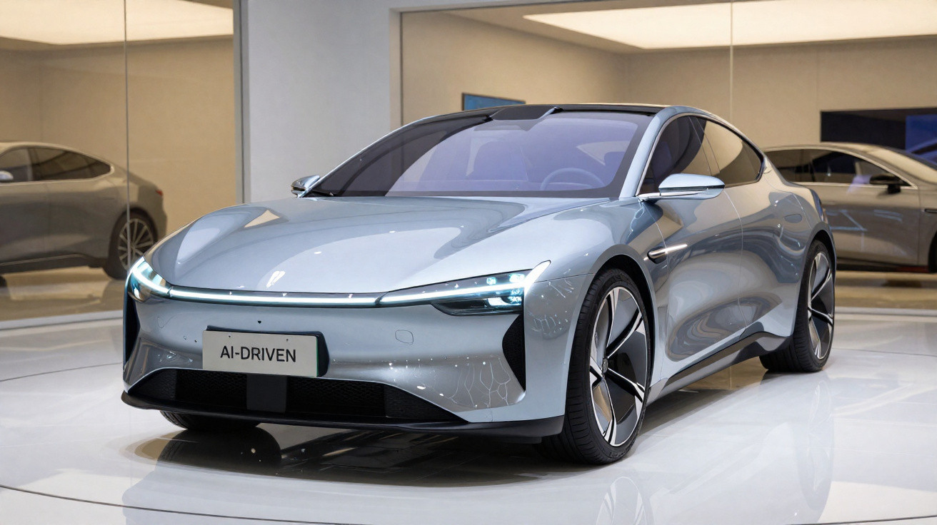 Carro elétrico prateado futurista exposto em showroom com design aerodinâmico e luzes dianteiras LED.
