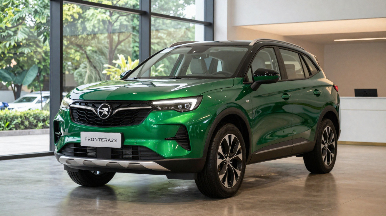 SUV verde da Opel modelo Frontera23 em exibição dentro de showroom moderno com iluminação natural.