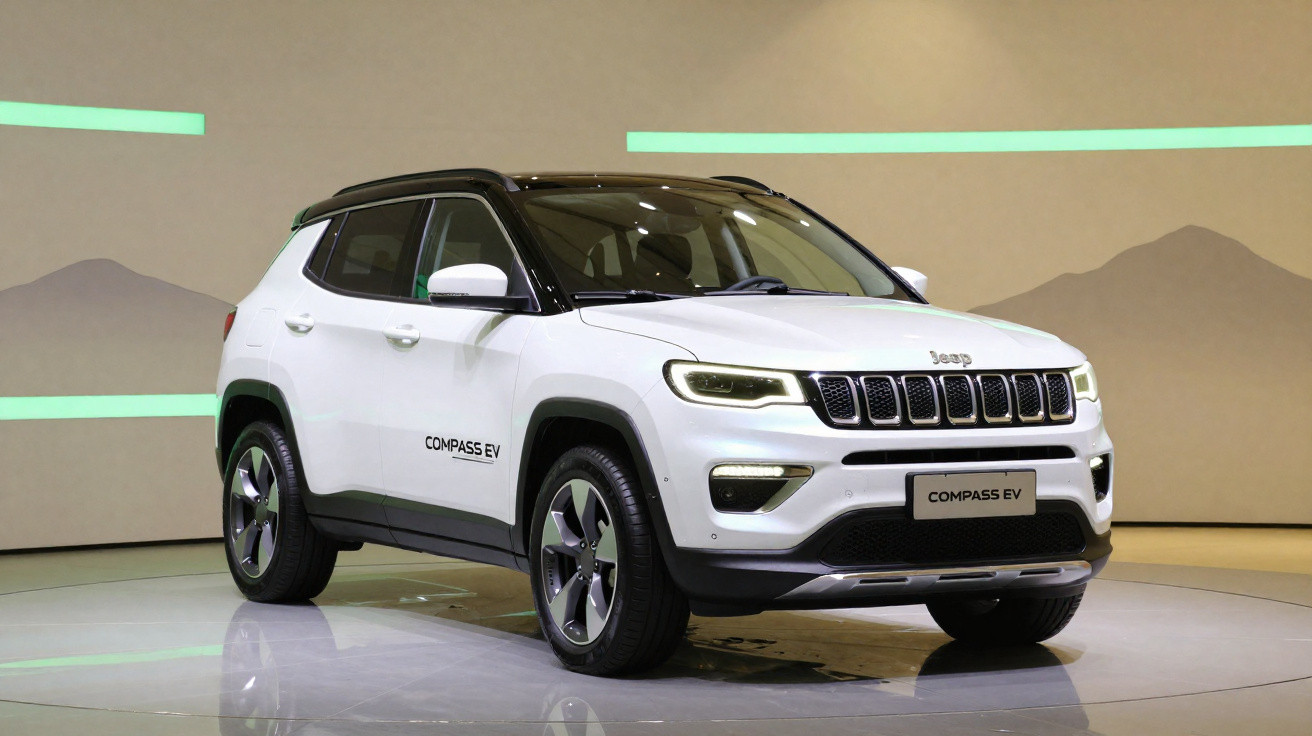 SUV branco Jeep Compass EV exposto em estande com fundo neutro e iluminação suave.