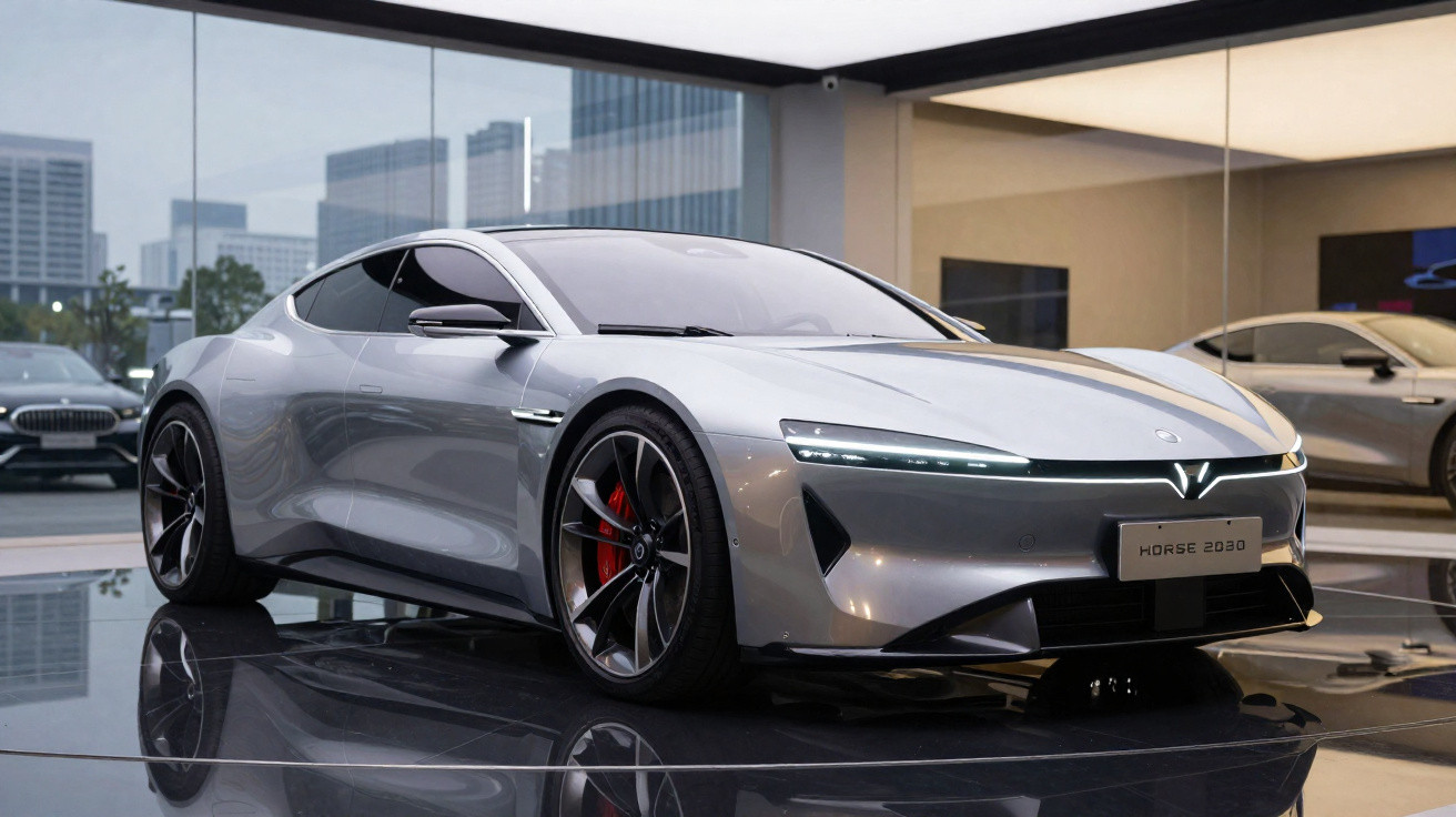 Carro esportivo elétrico cinza prata em exposição com rodas pretas e detalhes em vermelho.