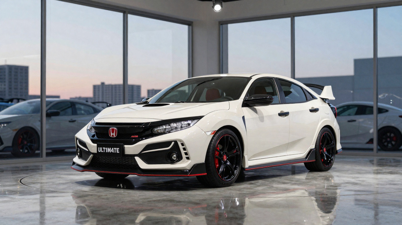 Carro esportivo branco Honda Civic Type R estacionado em showroom moderno com piso refletivo.
