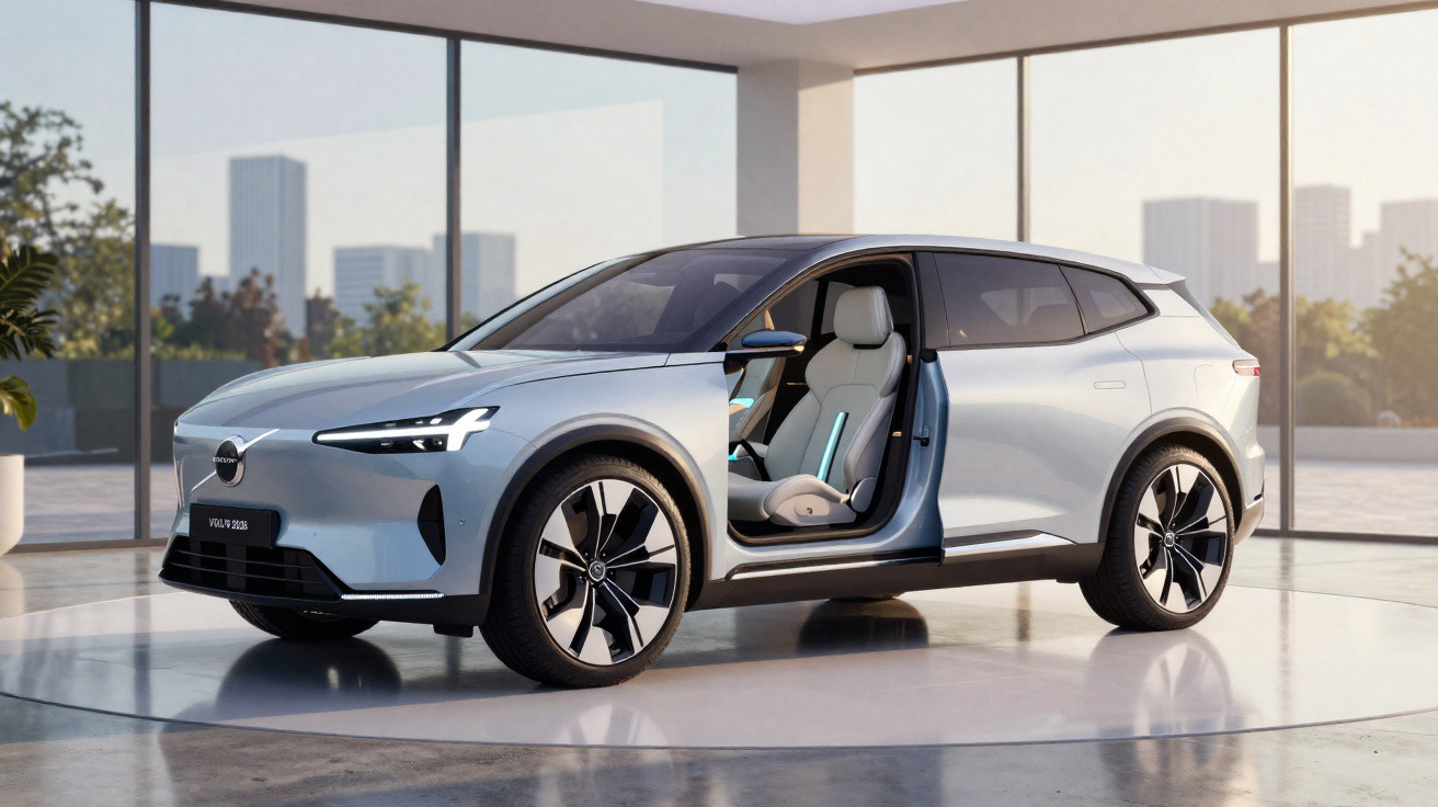 Carro elétrico Volvo XC40 Recharge em tom prata com porta dianteira aberta em ambiente interno moderno.