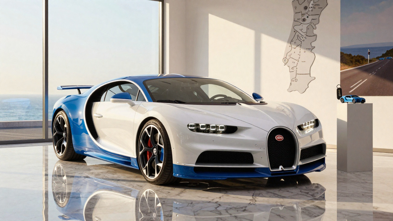 Carro esportivo Bugatti Chiron branco e azul em sala com piso de mármore e janela grande com vista para o mar.