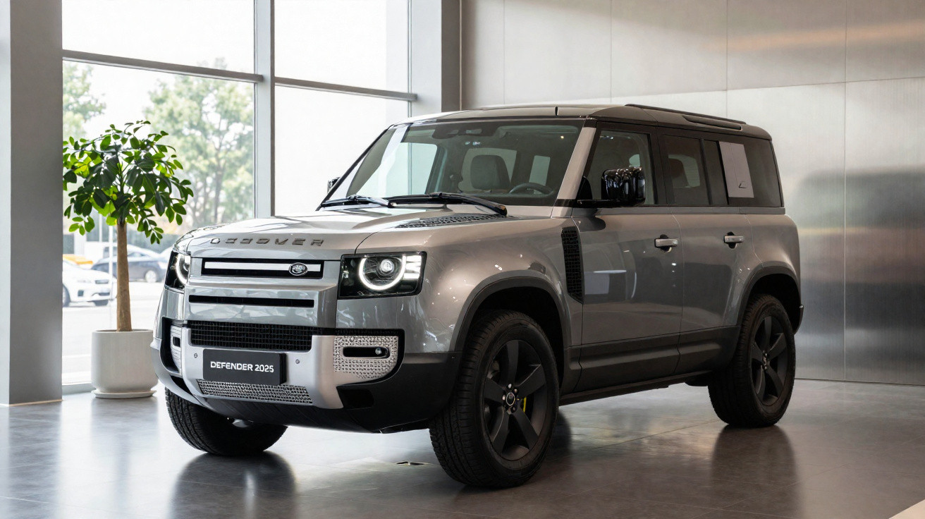 SUV Land Rover Defender 2025 cinza exibido em showroom moderno com luz natural e planta ao fundo.