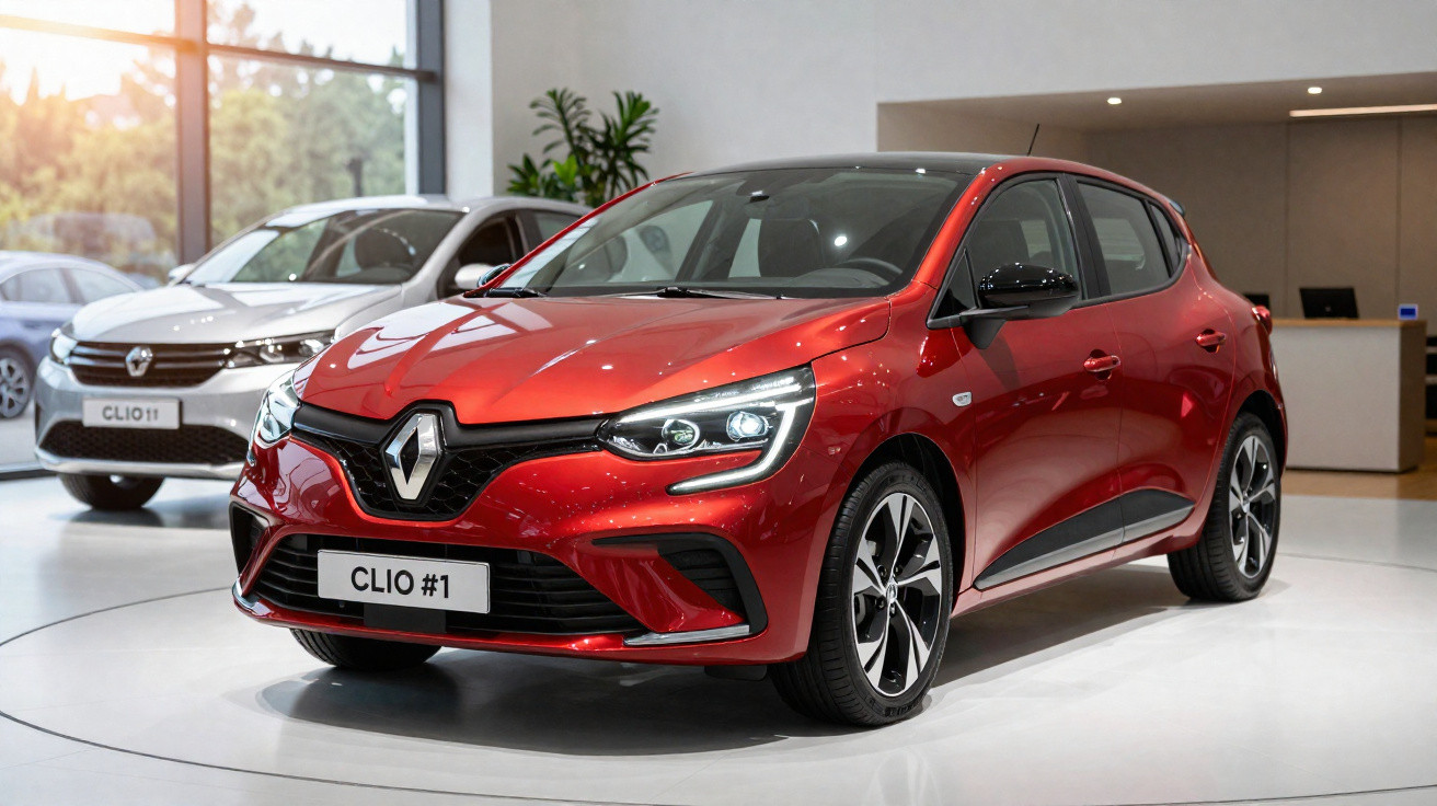 Carro vermelho Renault Clio exposto em showroom moderno com iluminação natural.