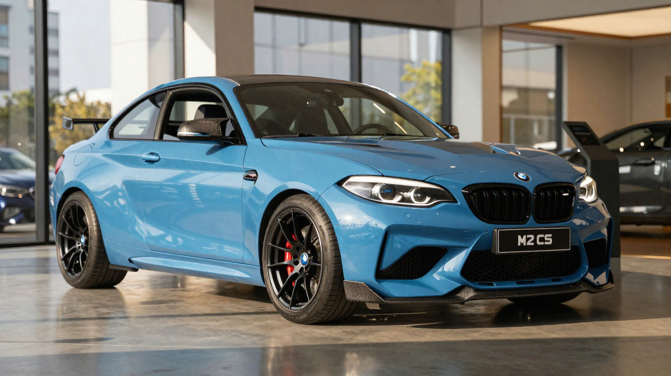Carro esportivo BMW M2 CS azul exibido em showroom com detalhes em preto e rodas pretas.
