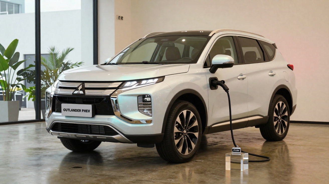 SUV branco Mitsubishi Outlander PHEV sendo carregado em tomada dentro de showroom.