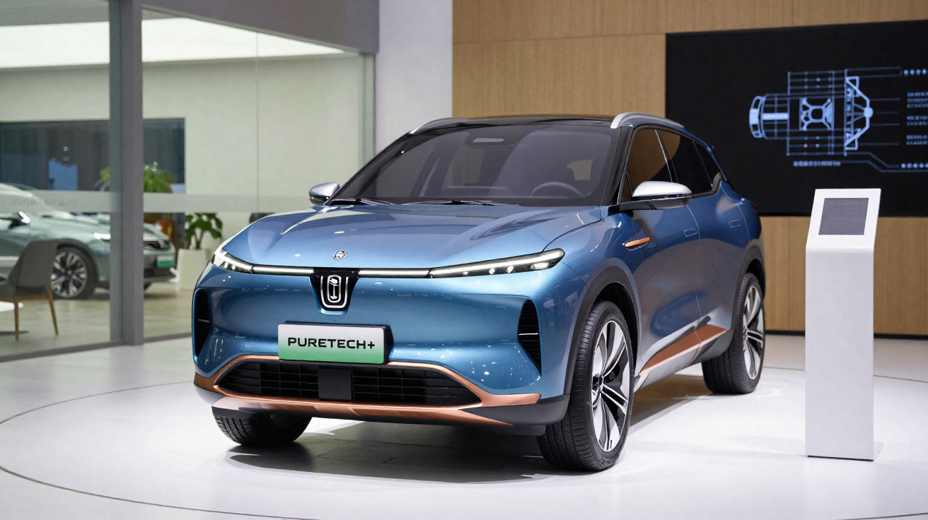 Carro elétrico azul modelo SUV PureTech+ exibido em estande moderno de exposição automotiva.