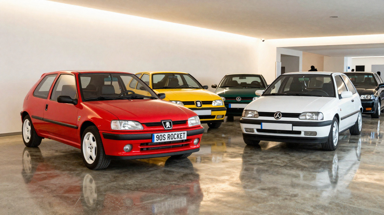 Carros antigos coloridos estacionados em piso de garagem com parede branca ao fundo.