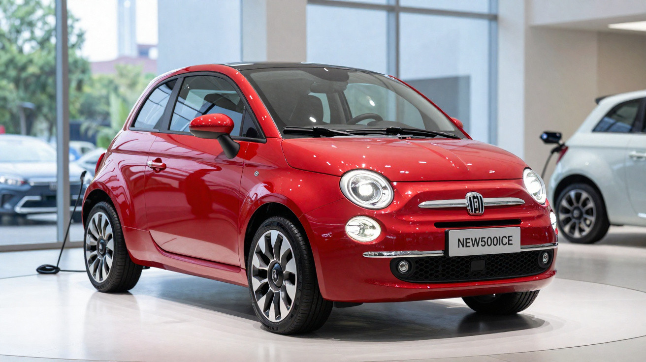 Carro compacto vermelho Fiat 500 exibido em showroom moderno com iluminação clara.