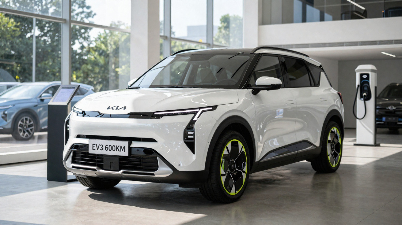 Carro elétrico Kia EV3 branco exibido em showroom moderno com estação de carregamento ao fundo.