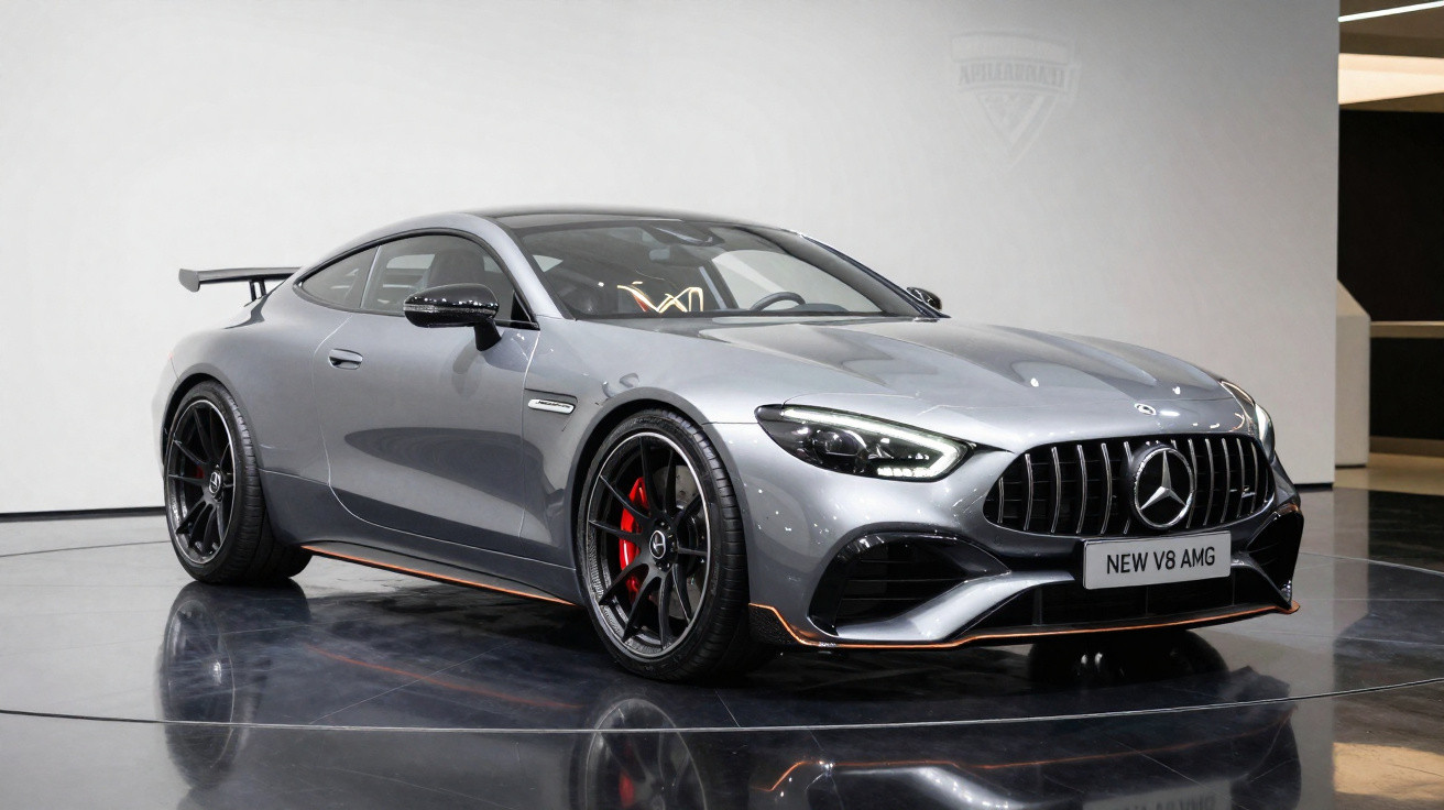 Carro esportivo prata Mercedes-Benz AMG com rodas pretas e detalhes em vermelho, exibido em ambiente interno.