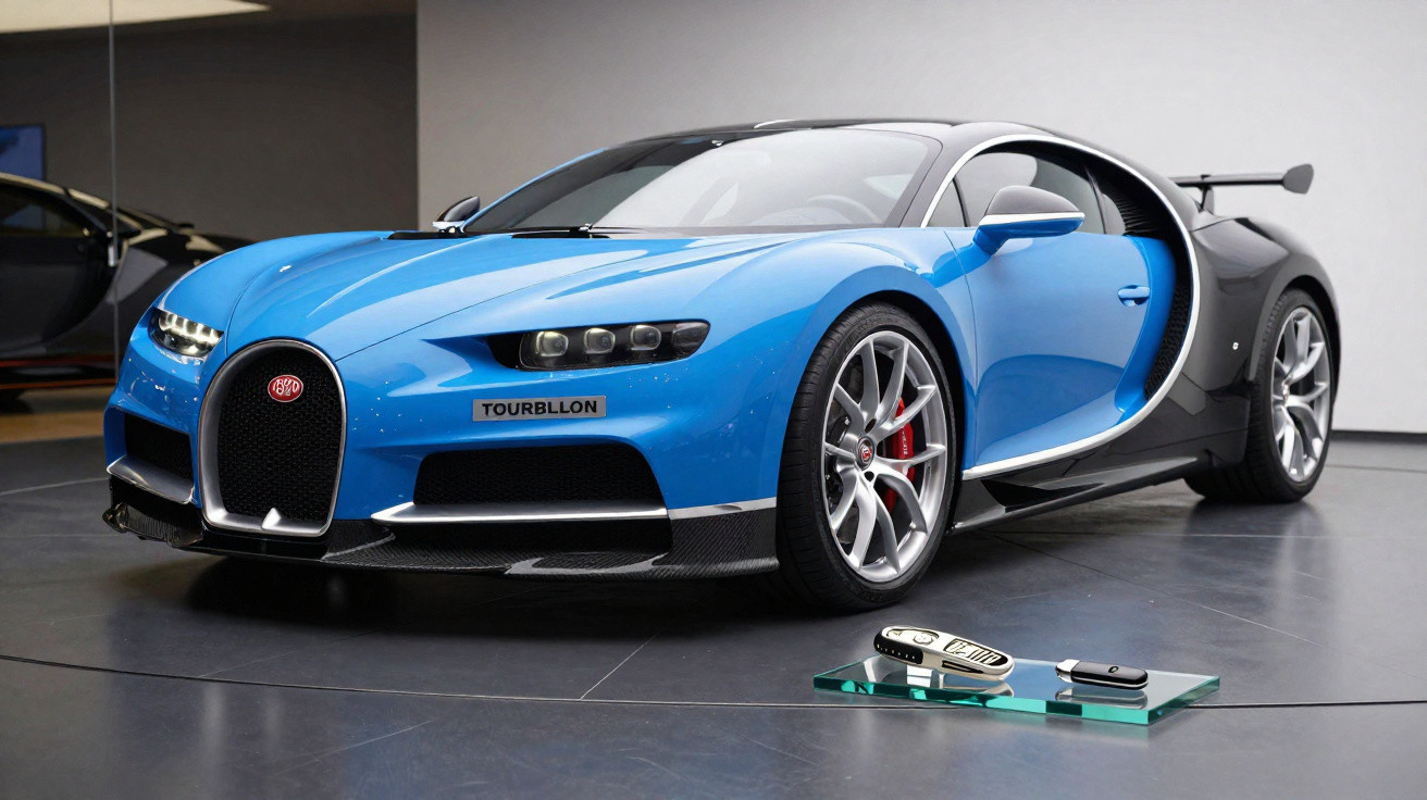 Carro esportivo Bugatti azul e preto em exibição com controle remoto em frente, em ambiente interno.