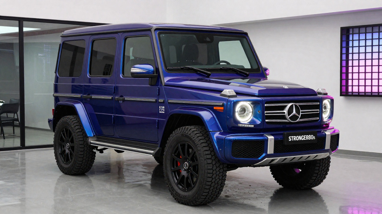 Mercedes-Benz G-Class azul estacionado em piso refletivo dentro de garagem moderna.