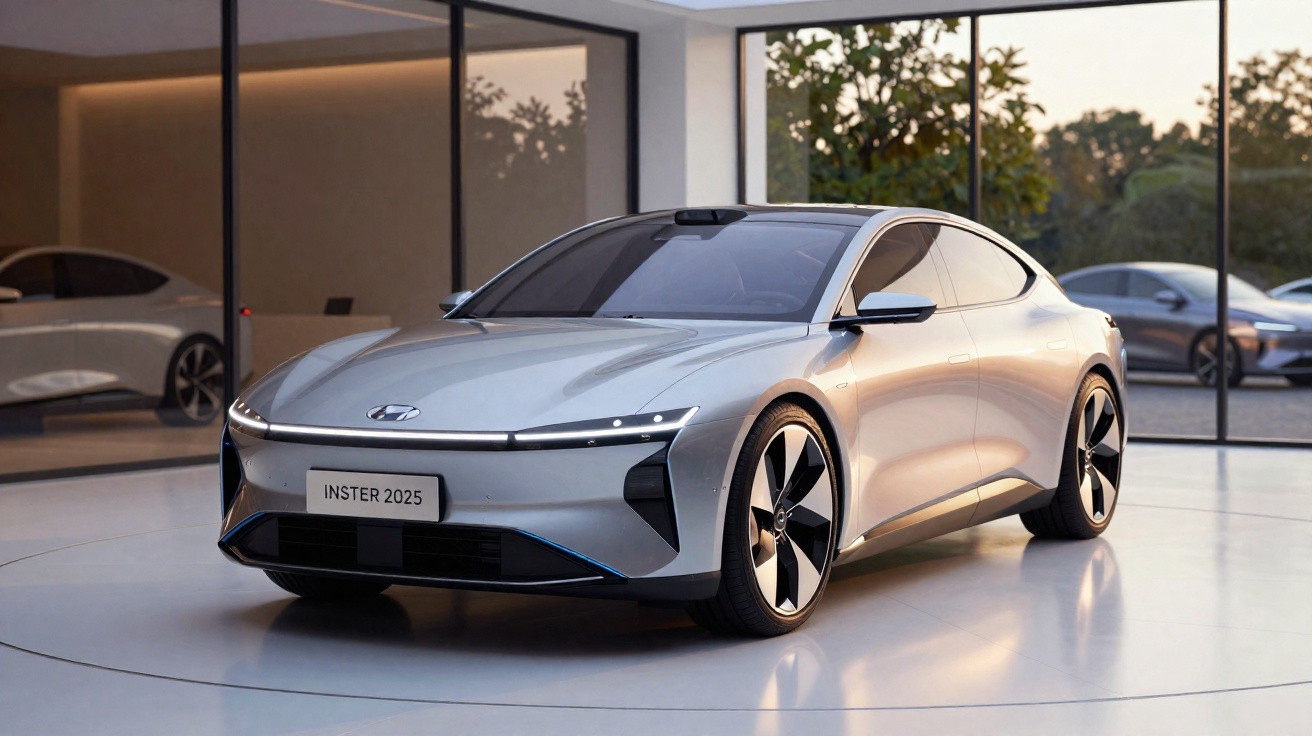 Carro elétrico cinza prata futurista estacionado em ambiente interno moderno com janelas amplas.