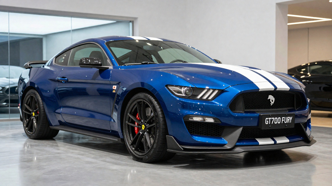 Carro esportivo azul com faixa branca, rodas pretas e placa dianteira GT700 FURY em showroom.