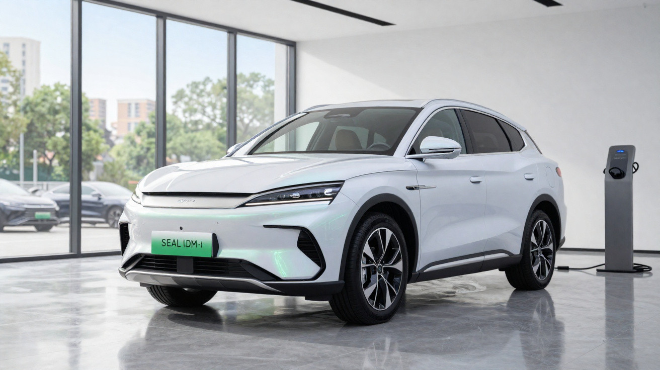 Carro elétrico branco modelo SUV estacionado em ambiente interno próximo a estação de carregamento.