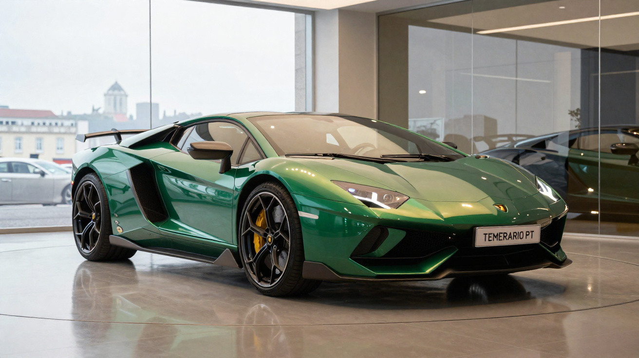 Carro esportivo verde com rodas pretas exposto em showroom moderno com grandes janelas.