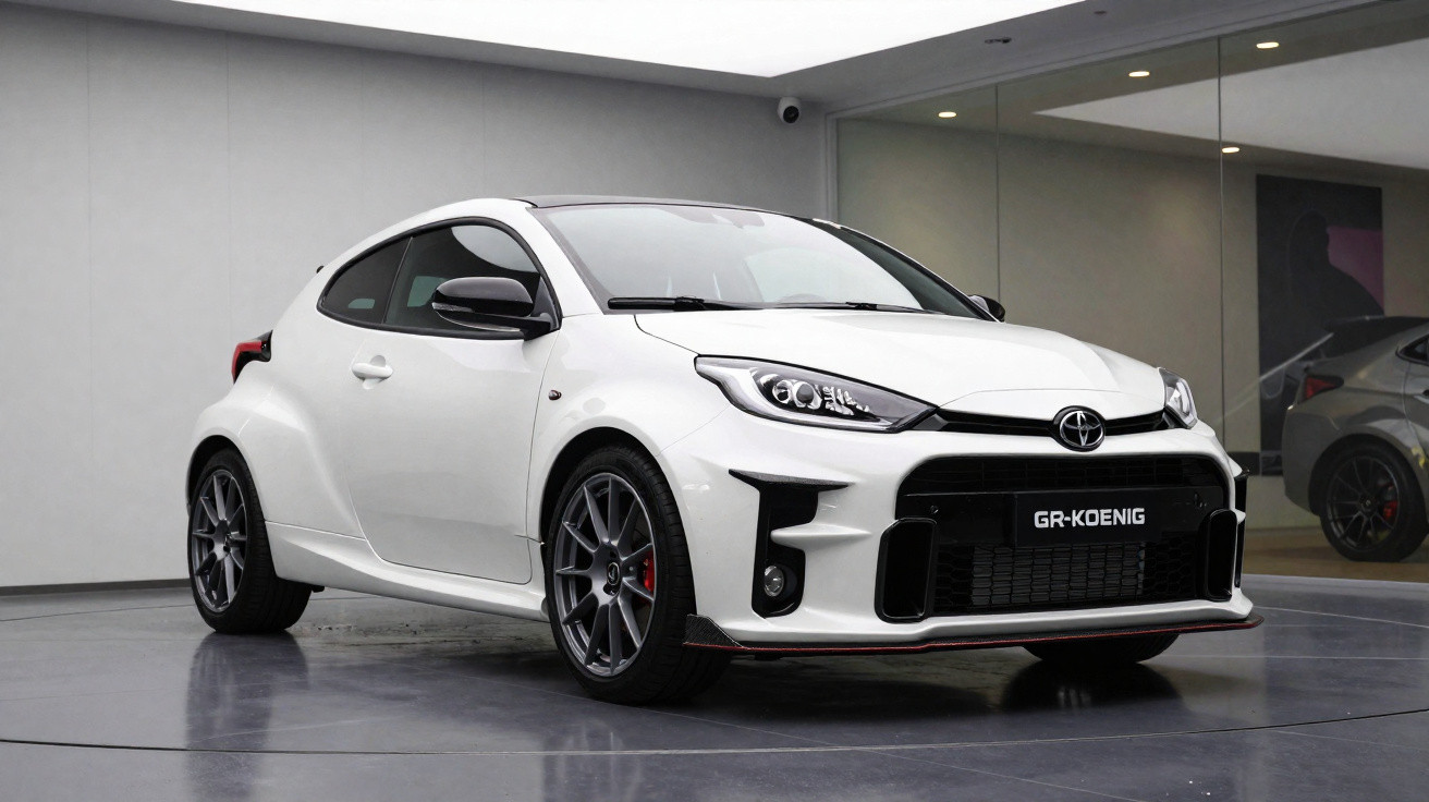Carro esportivo Toyota GR-Koenig branco em exposição com rodas cinza e detalhes pretos em ambiente moderno.