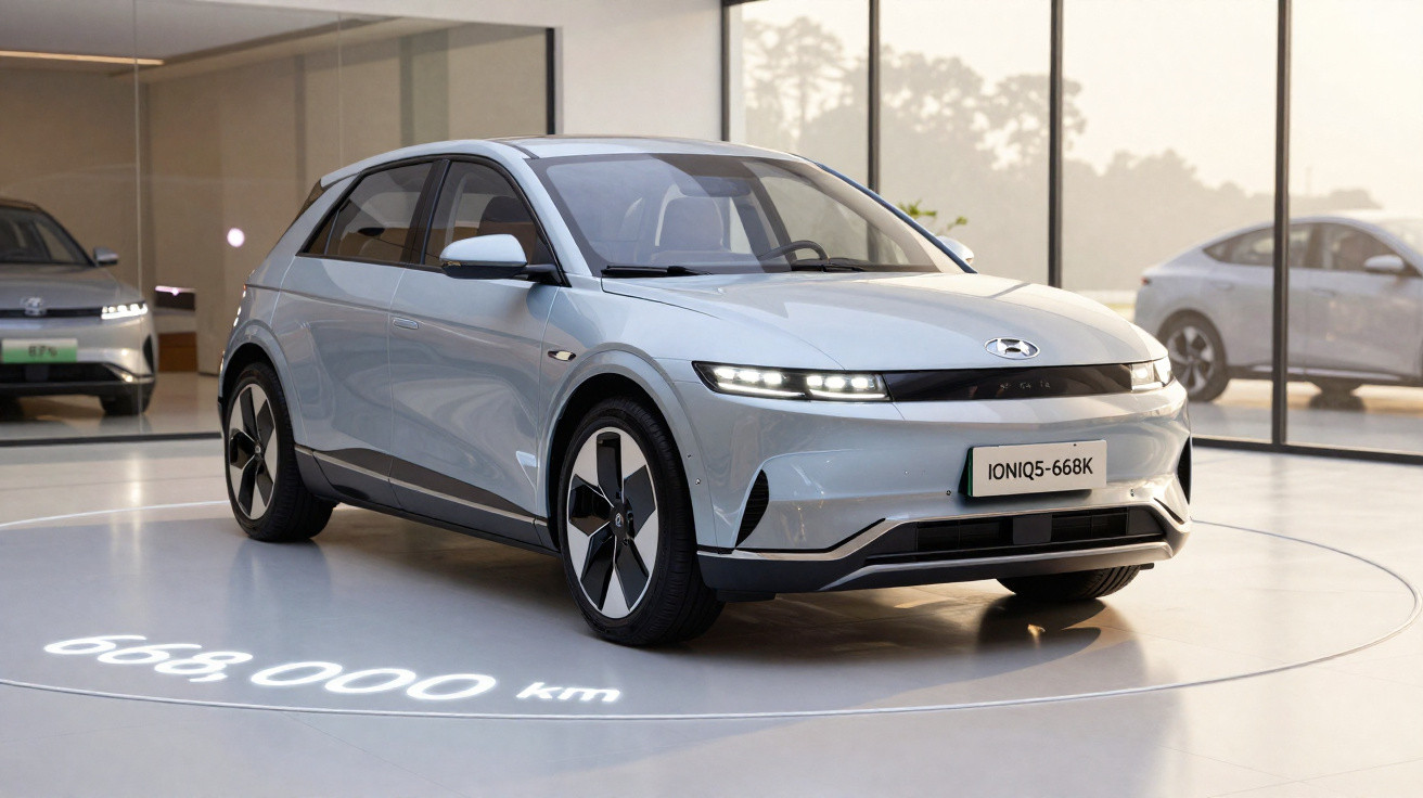 Carro elétrico Hyundai Ioniq 5 prata exibido em salão com piso iluminado mostrando 668.000 km.
