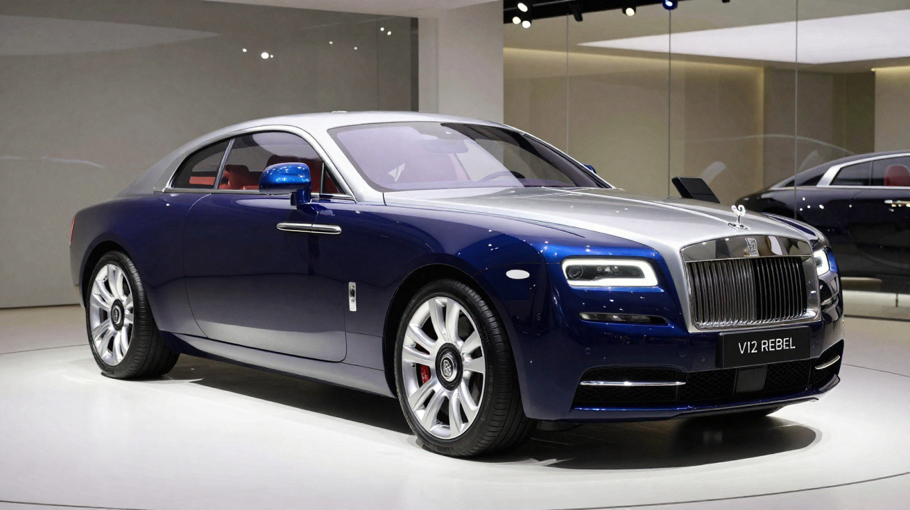Carro de luxo Rolls-Royce azul e prata exibido em ambiente interno moderno e iluminado.