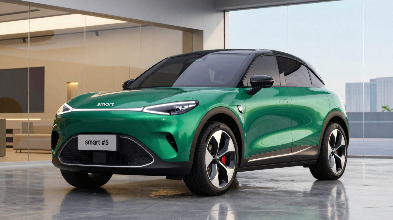 Carro elétrico compacto verde Smart #5 estacionado em ambiente moderno com vidro e reflexos no chão.