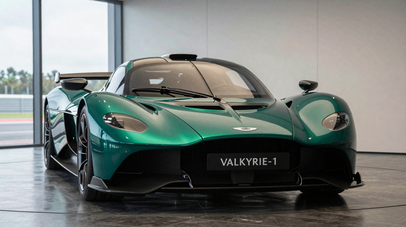 Carro esportivo verde metálico Aston Martin Valkyrie em exposição interna, vista frontal com faróis e aerofólio.