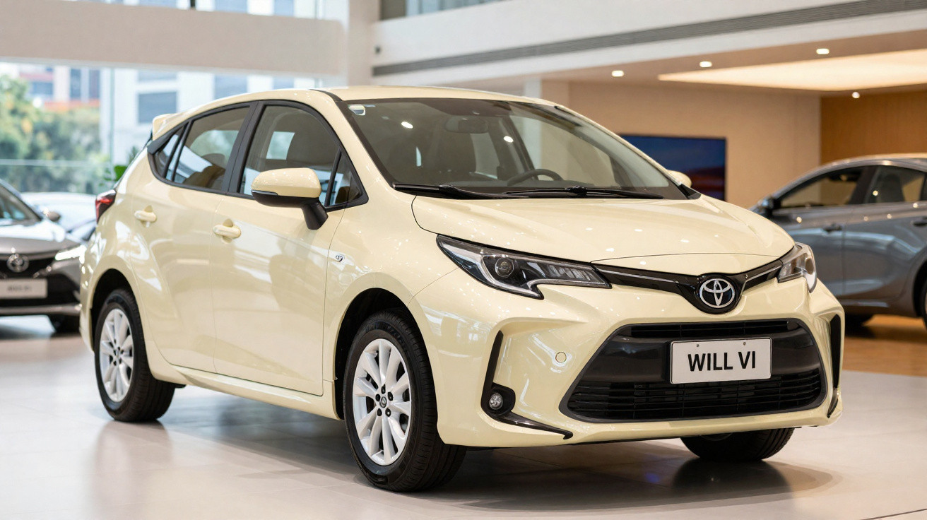 Carro compacto sedan bege estacionado em showroom de concessionária Toyota.