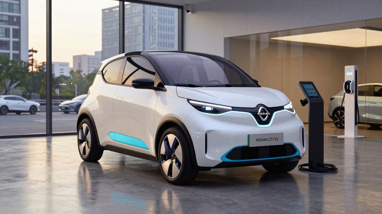 Carro elétrico branco Nissan City EV em showroom ao lado de estação de recarga.