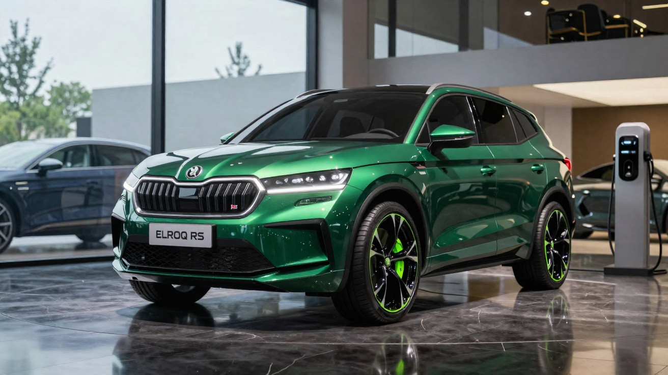SUV elétrico verde Škoda Elroq RS estacionado em showroom moderno com piso brilhante e parede de vidro.