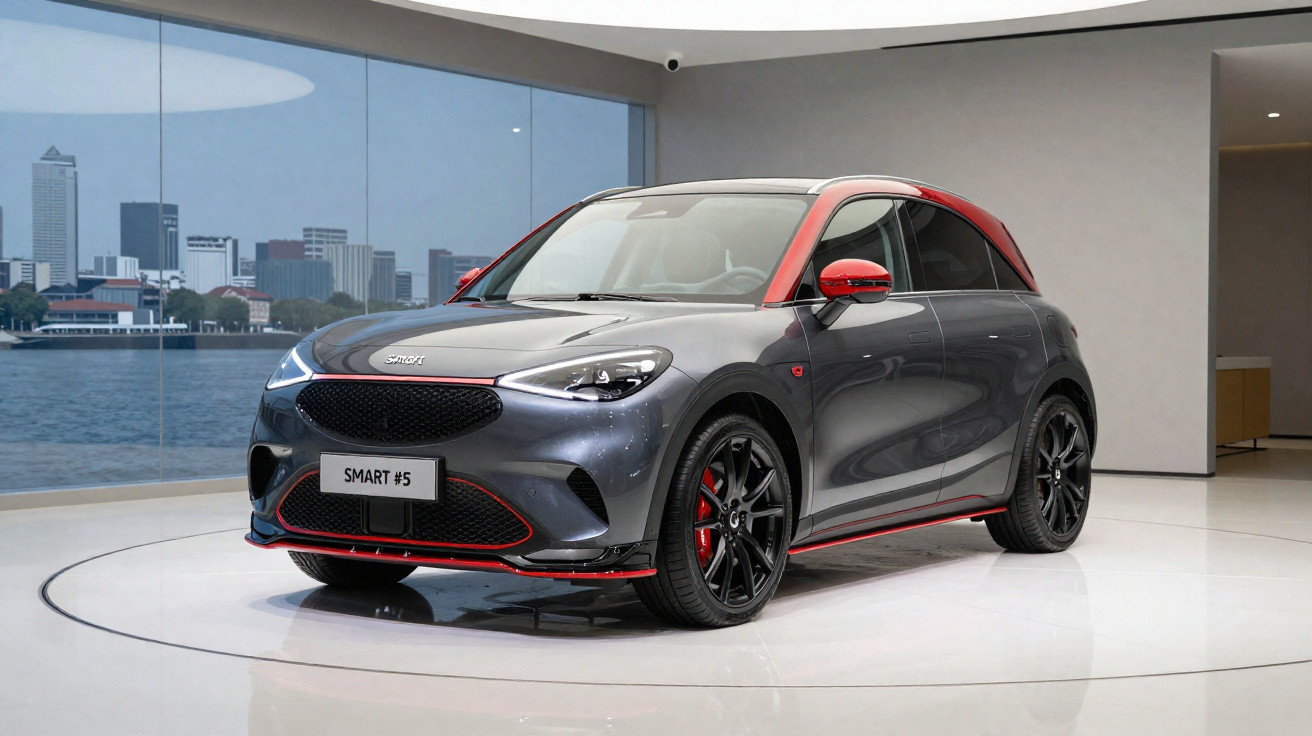 Carro Smart cinza com detalhes vermelhos exibido em showroom moderno com vista para cidade e rio ao fundo.