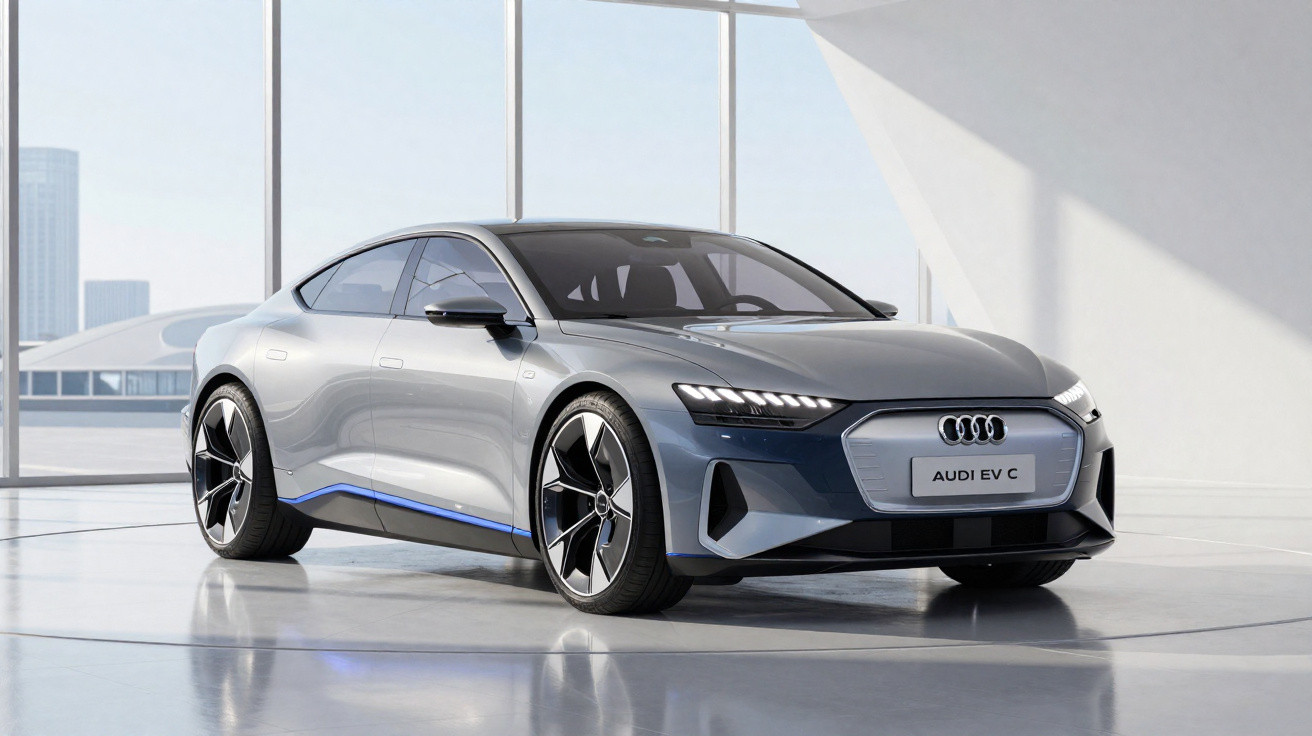 Carro elétrico Audi EV C cinza exibido em ambiente moderno com janelas grandes e iluminação natural.