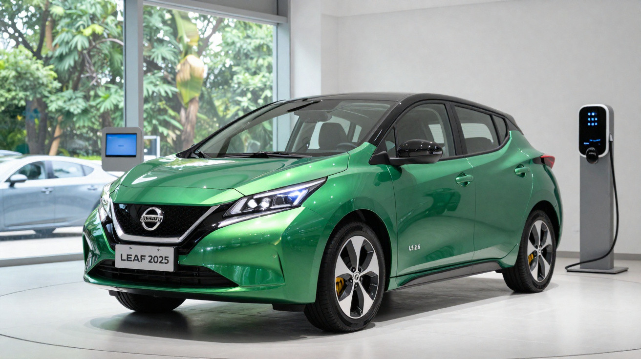 Carro elétrico verde Nissan Leaf 2025 estacionado em showroom junto a estação de recarga.