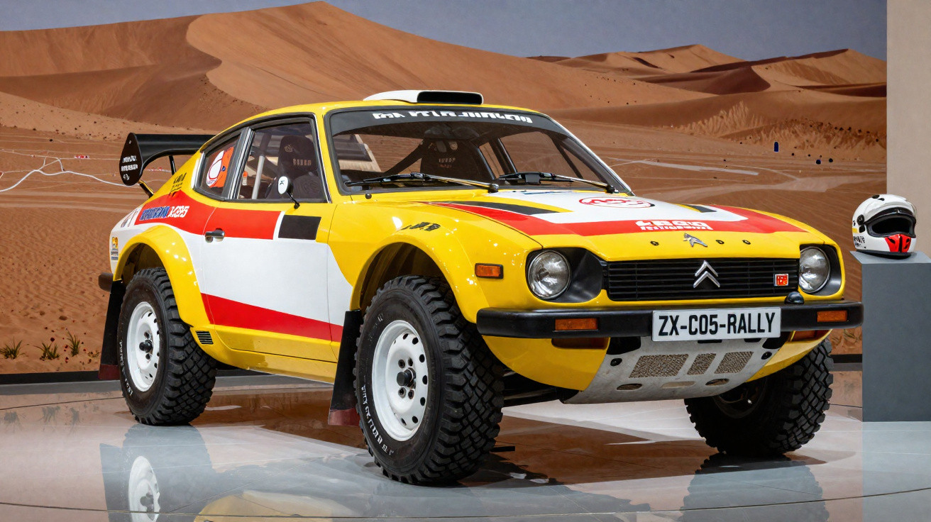 Carro de rally Citroën amarelo com detalhes vermelhos e brancos em exposição, cenário de deserto ao fundo.