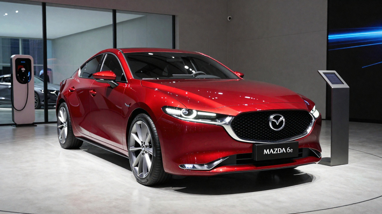 Carro sedan vermelho Mazda 6e exposto em salão com carregador elétrico ao fundo.