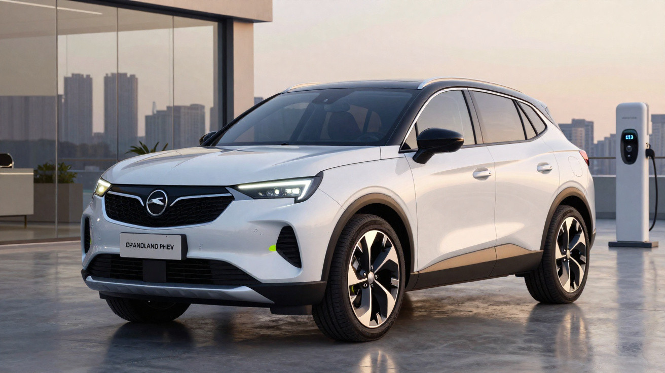 SUV branco elétrico Grandland PHEV estacionado em área com carregador e prédios ao fundo.
