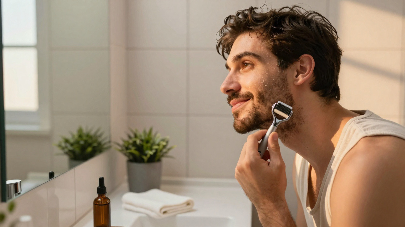Homem com camiseta regata branca usando derma roller no rosto em banheiro iluminado.